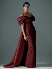 Mermaid Off Shoulder Asymmetrical Sleeve Sequin Floor-Length Evening Dresses with Bow