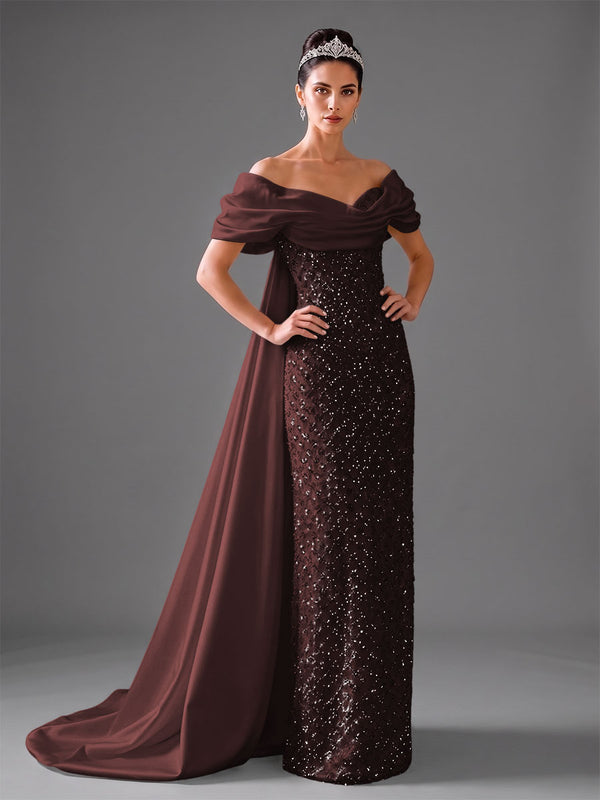 Mermaid Off Shoulder Asymmetrical Sleeve Sequin Floor-Length Evening Dresses with Bow