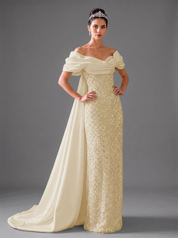 Mermaid Off Shoulder Asymmetrical Sleeve Sequin Floor-Length Evening Dresses with Bow