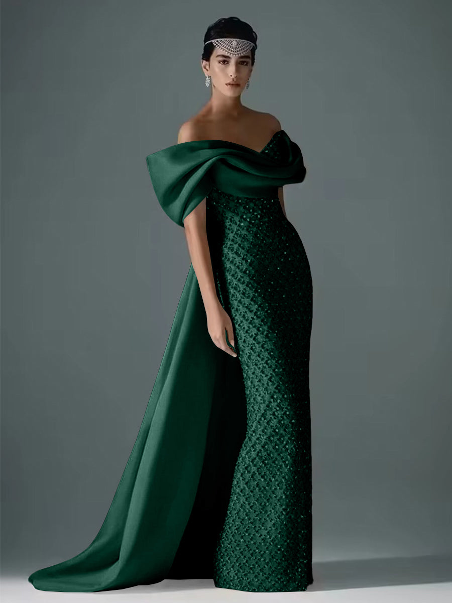 Mermaid Off Shoulder Asymmetrical Sleeve Sequin Floor-Length Evening Dresses with Bow