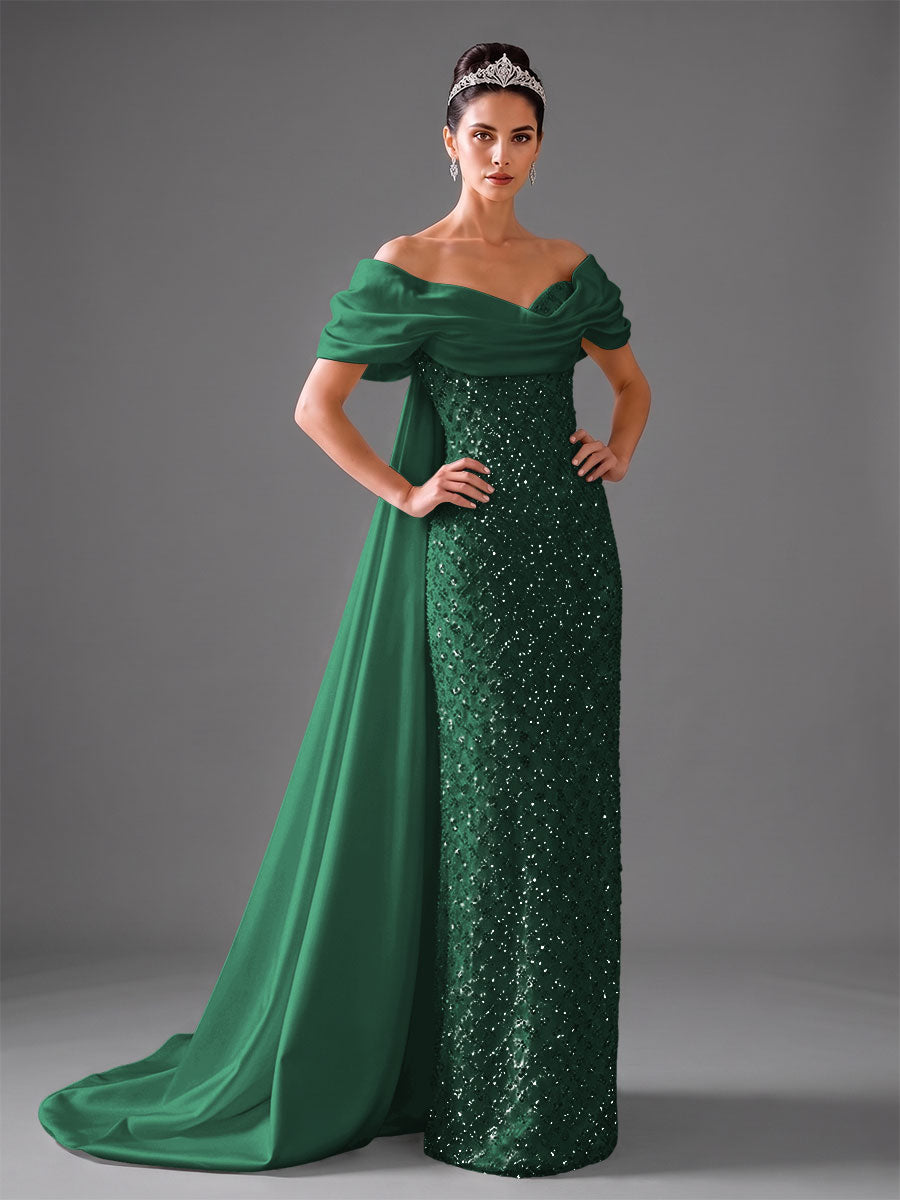 Mermaid Off Shoulder Asymmetrical Sleeve Sequin Floor-Length Evening Dresses with Bow