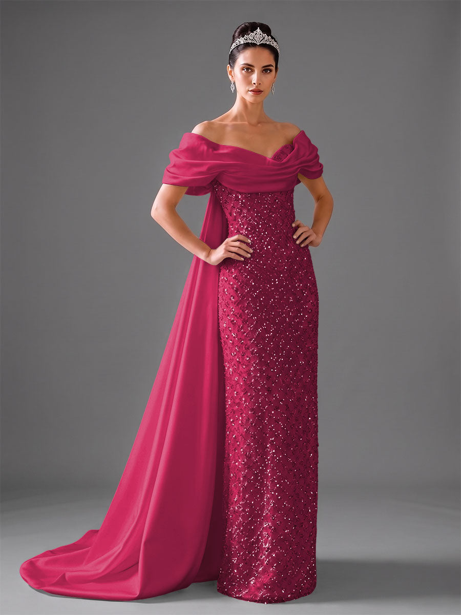 Mermaid Off Shoulder Asymmetrical Sleeve Sequin Floor-Length Evening Dresses with Bow