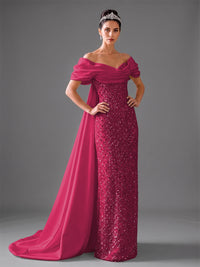 Mermaid Off Shoulder Asymmetrical Sleeve Sequin Floor-Length Evening Dresses with Bow