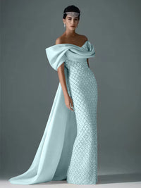 Mermaid Off Shoulder Asymmetrical Sleeve Sequin Floor-Length Evening Dresses with Bow