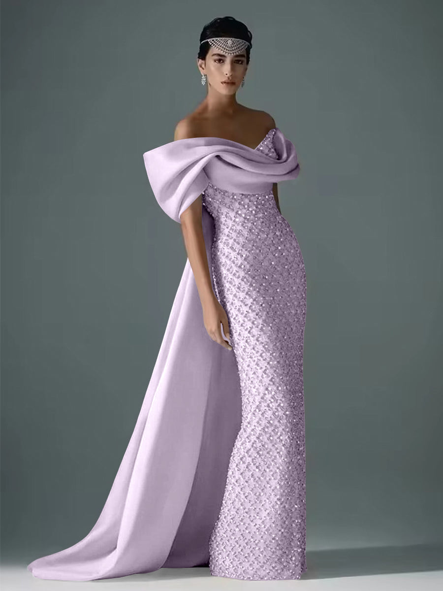 Mermaid Off Shoulder Asymmetrical Sleeve Sequin Floor-Length Evening Dresses with Bow