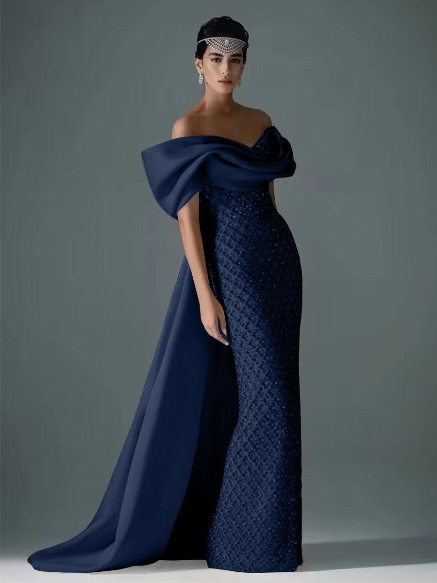Mermaid Off Shoulder Asymmetrical Sleeve Sequin Floor-Length Evening Dresses with Bow