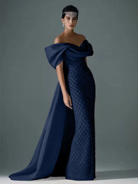 Mermaid Off Shoulder Asymmetrical Sleeve Sequin Floor-Length Evening Dresses with Bow