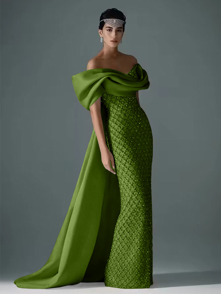 Mermaid Off Shoulder Asymmetrical Sleeve Sequin Floor-Length Evening Dresses with Bow