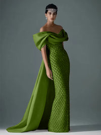 Mermaid Off Shoulder Asymmetrical Sleeve Sequin Floor-Length Evening Dresses with Bow