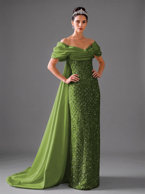 Mermaid Off Shoulder Asymmetrical Sleeve Sequin Floor-Length Evening Dresses with Bow