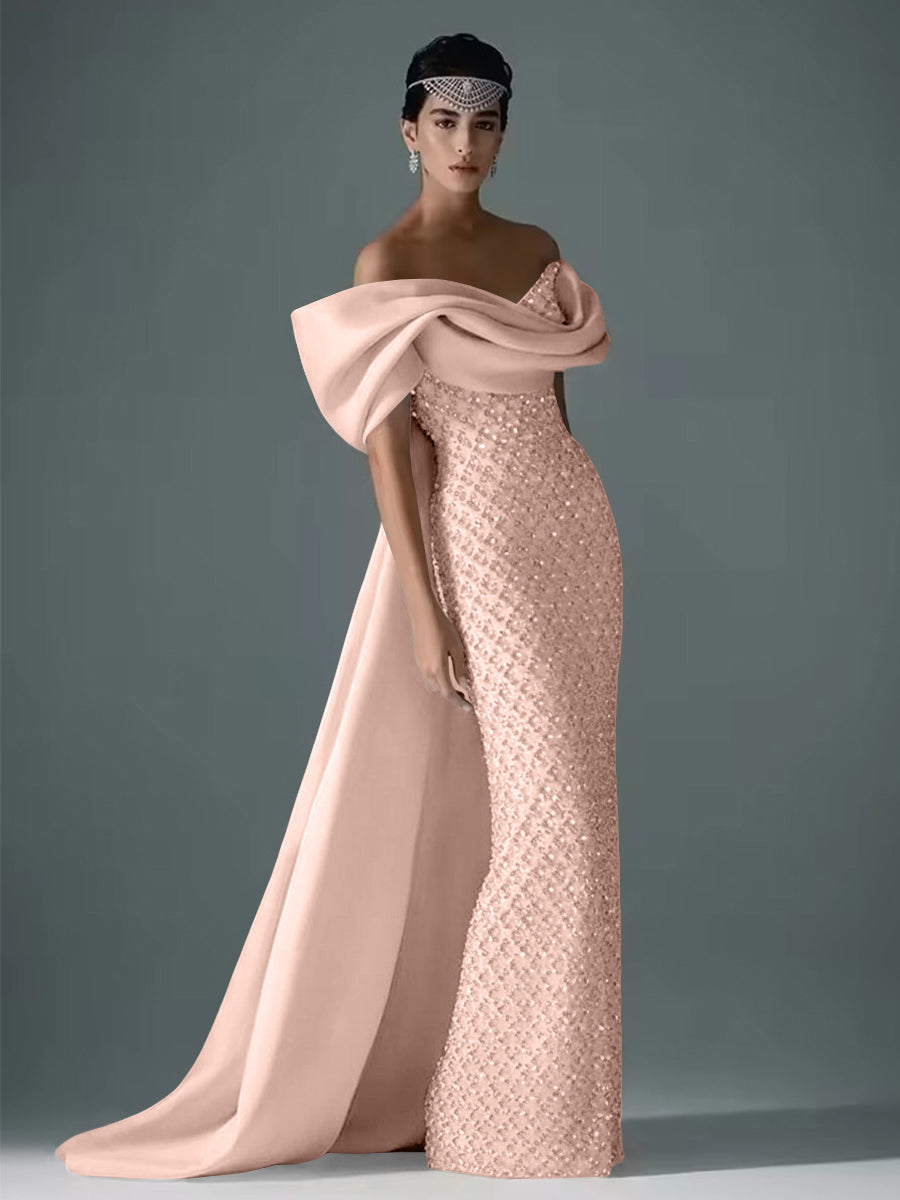 Mermaid Off Shoulder Asymmetrical Sleeve Sequin Floor-Length Evening Dresses with Bow