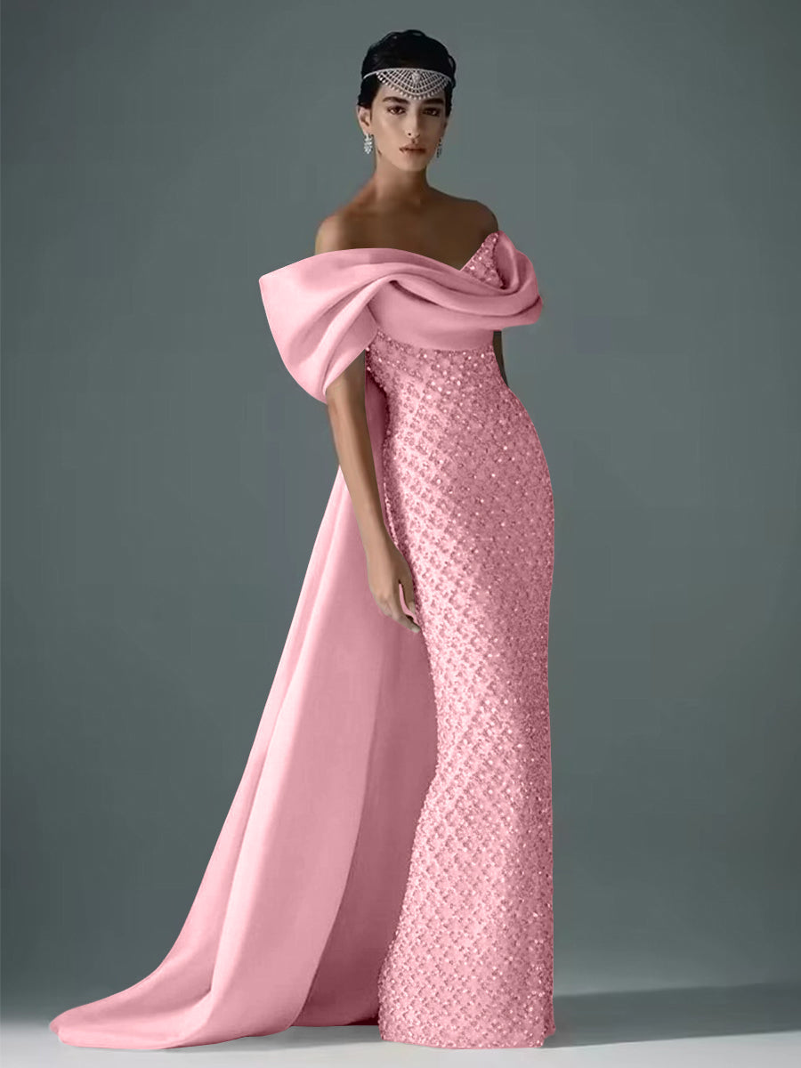Mermaid Off Shoulder Asymmetrical Sleeve Sequin Floor-Length Evening Dresses with Bow