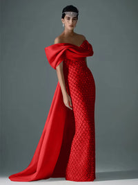 Mermaid Off Shoulder Asymmetrical Sleeve Sequin Floor-Length Evening Dresses with Bow