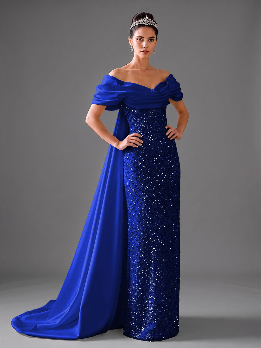 Mermaid Off Shoulder Asymmetrical Sleeve Sequin Floor-Length Evening Dresses with Bow