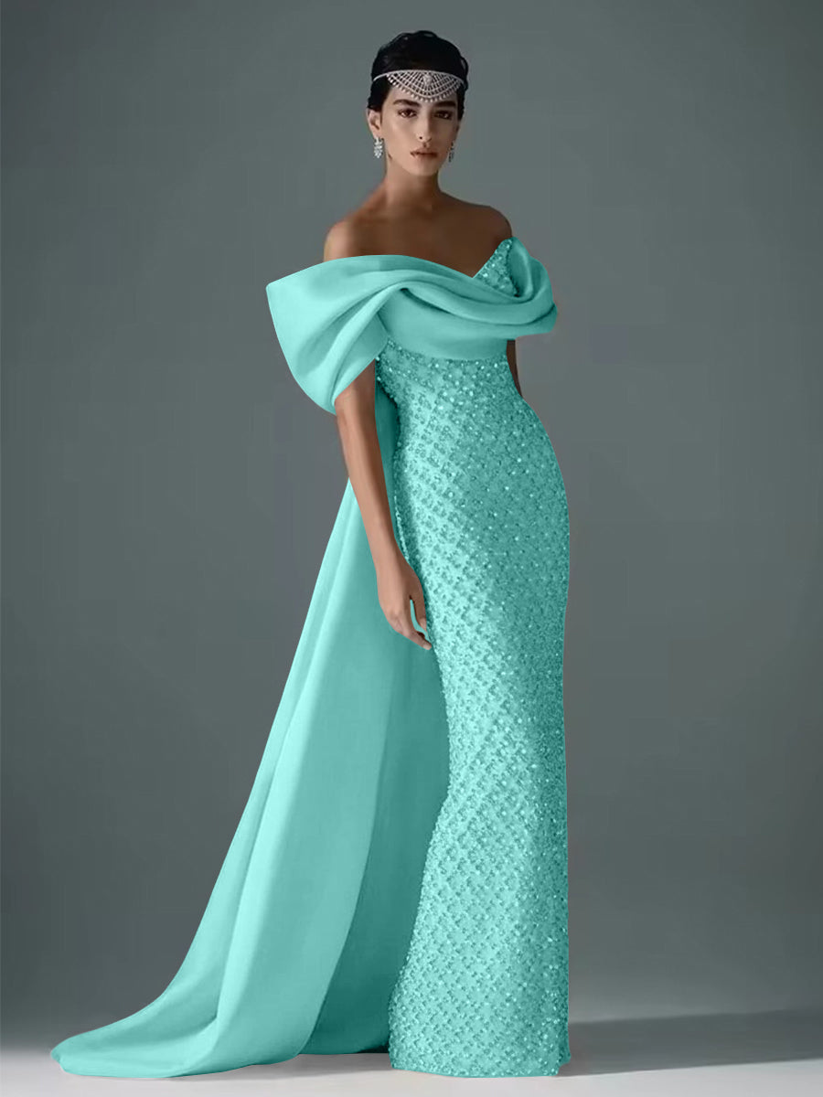 Mermaid Off Shoulder Asymmetrical Sleeve Sequin Floor-Length Evening Dresses with Bow