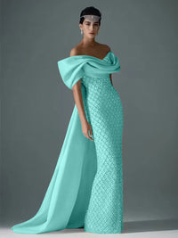 Mermaid Off Shoulder Asymmetrical Sleeve Sequin Floor-Length Evening Dresses with Bow
