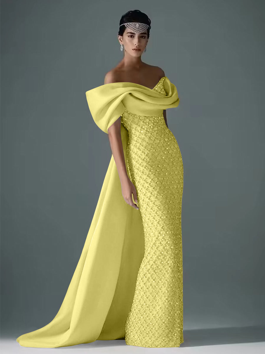 Mermaid Off Shoulder Asymmetrical Sleeve Sequin Floor-Length Evening Dresses with Bow
