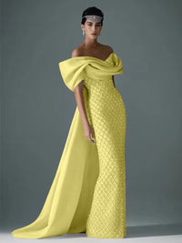 Mermaid Off Shoulder Asymmetrical Sleeve Sequin Floor-Length Evening Dresses with Bow