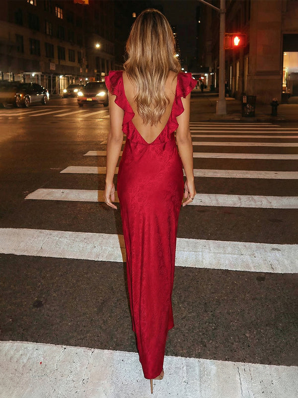 Vintage Sheath V-Neck Satin Maxi Evening Dress with Ruffle