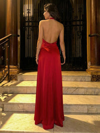 Vintage Sheath V-Neck Halter Satin Maxi Evening Dress with Slit
