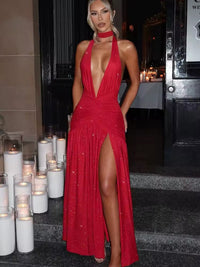 Sparkly Sheath Plunging Neck Split Floor-Length Evening Dresses with Scarf