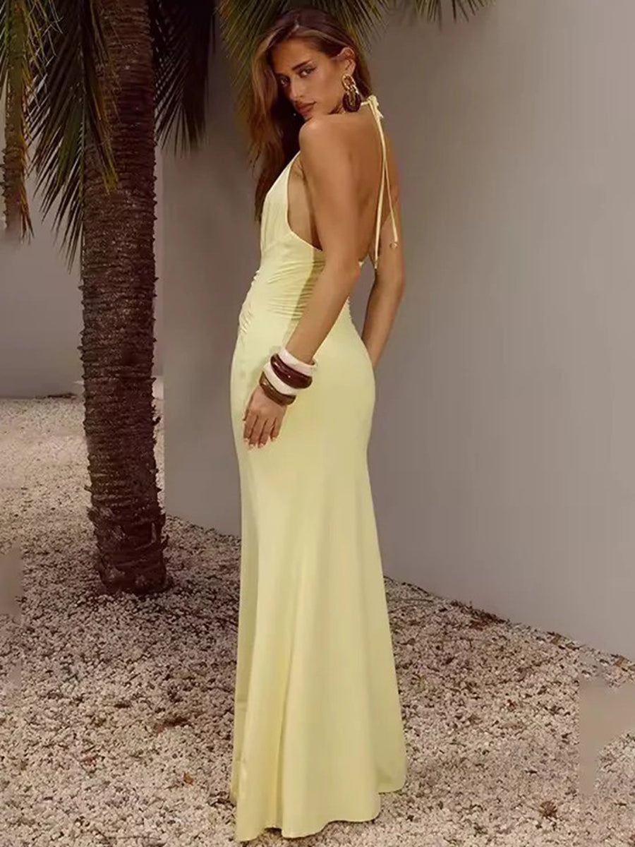 Satin Mermaid Plunging Halter Floor-Length Formal Evening Dresses with Applique