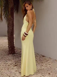 Satin Mermaid Plunging Halter Floor-Length Formal Evening Dresses with Applique