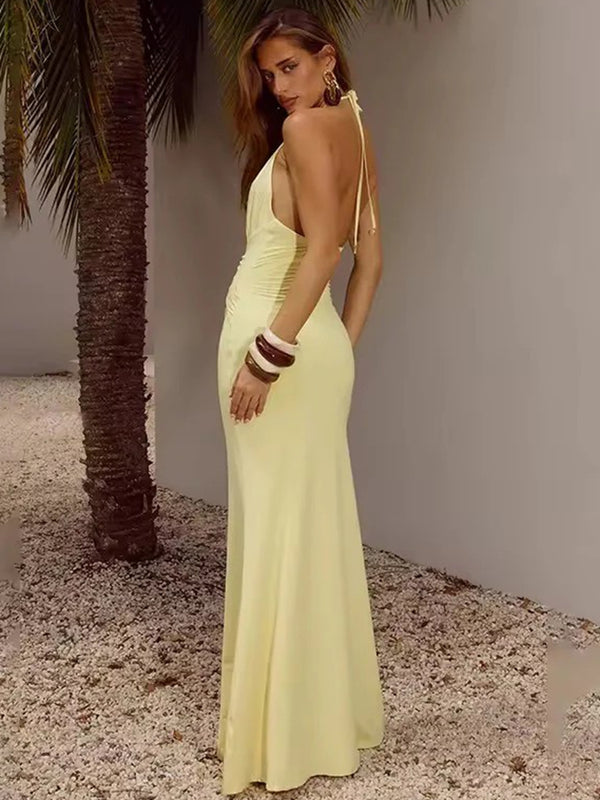 Satin Mermaid Plunging Halter Floor-Length Formal Evening Dresses with Applique