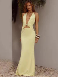 Satin Mermaid Plunging Halter Floor-Length Formal Evening Dresses with Applique