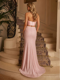 Satin & Bead Two-Piece Halter Long Evening Dresses with Slit