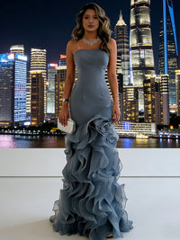 Satin Strapless Mermaid Floor-Length Evening Dresses with Tiered Ruffle