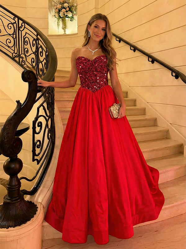 Sweetheart Strapless A-Line Floor-Length Evening Dresses with Sequin & Satin