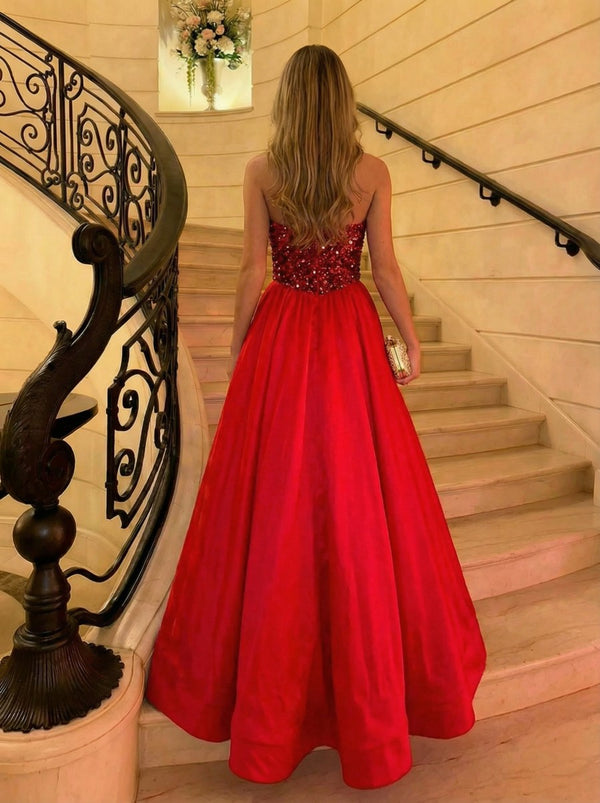 Sweetheart Strapless A-Line Floor-Length Evening Dresses with Sequin & Satin