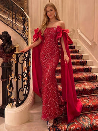 Drape Strapless Mermaid Sparkly Long Evening Dresses with Bows