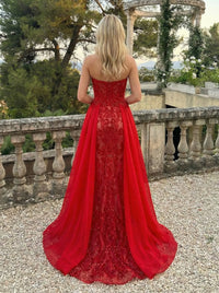 Strapless Sweetheart Mermaid Lace Applique Long Evening Dresses with Drape