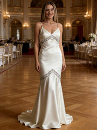 V-Neck Spaghetti Strap Mermaid Satin Long Evening Dresses