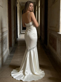 V-Neck Spaghetti Strap Mermaid Satin Long Evening Dresses