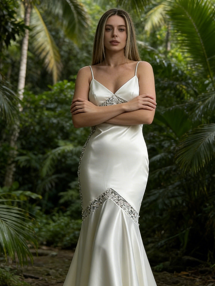 V-Neck Spaghetti Strap Mermaid Satin Long Evening Dresses