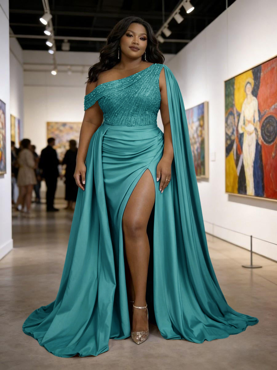 Satin Sheath Off-Shoulder Long Evening Dresses for Plus Size Women with Drape Ruched Prom Gown