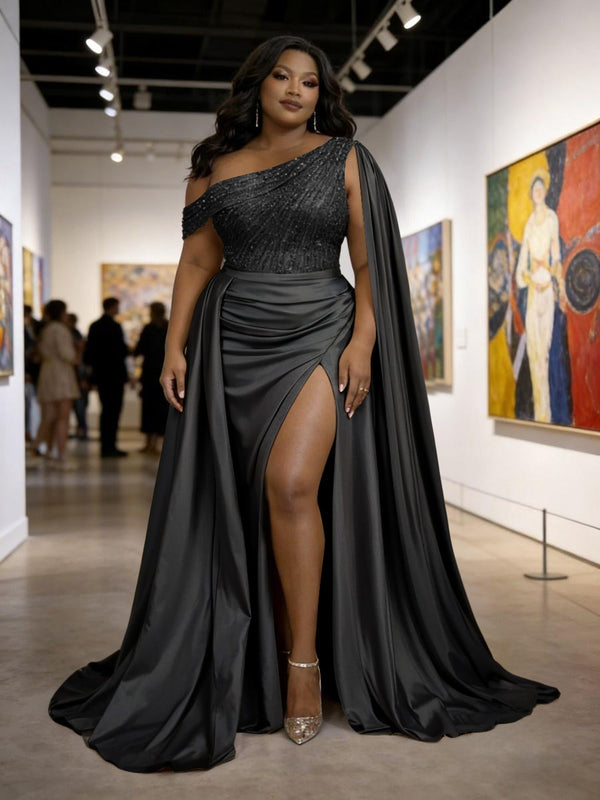 Satin Sheath Off-Shoulder Long Evening Dresses for Plus Size Women with Drape Ruched Prom Gown