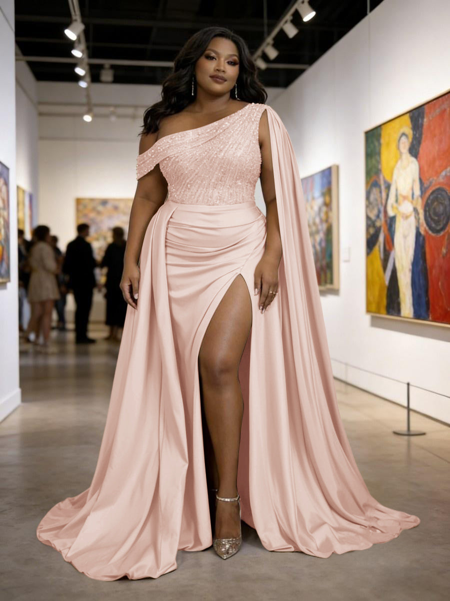 Satin Sheath Off-Shoulder Long Evening Dresses for Plus Size Women with Drape Ruched Prom Gown
