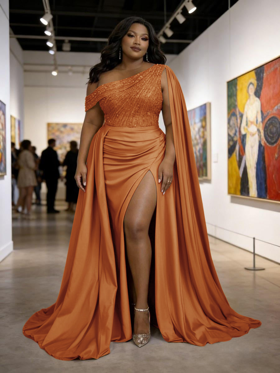 Satin Sheath Off-Shoulder Long Evening Dresses for Plus Size Women with Drape Ruched Prom Gown