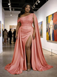 Satin Sheath Off-Shoulder Long Evening Dresses for Plus Size Women with Drape Ruched Prom Gown