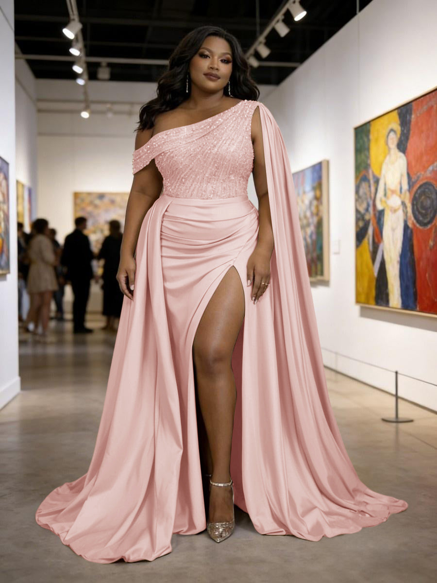 Satin Sheath Off-Shoulder Long Evening Dresses for Plus Size Women with Drape Ruched Prom Gown
