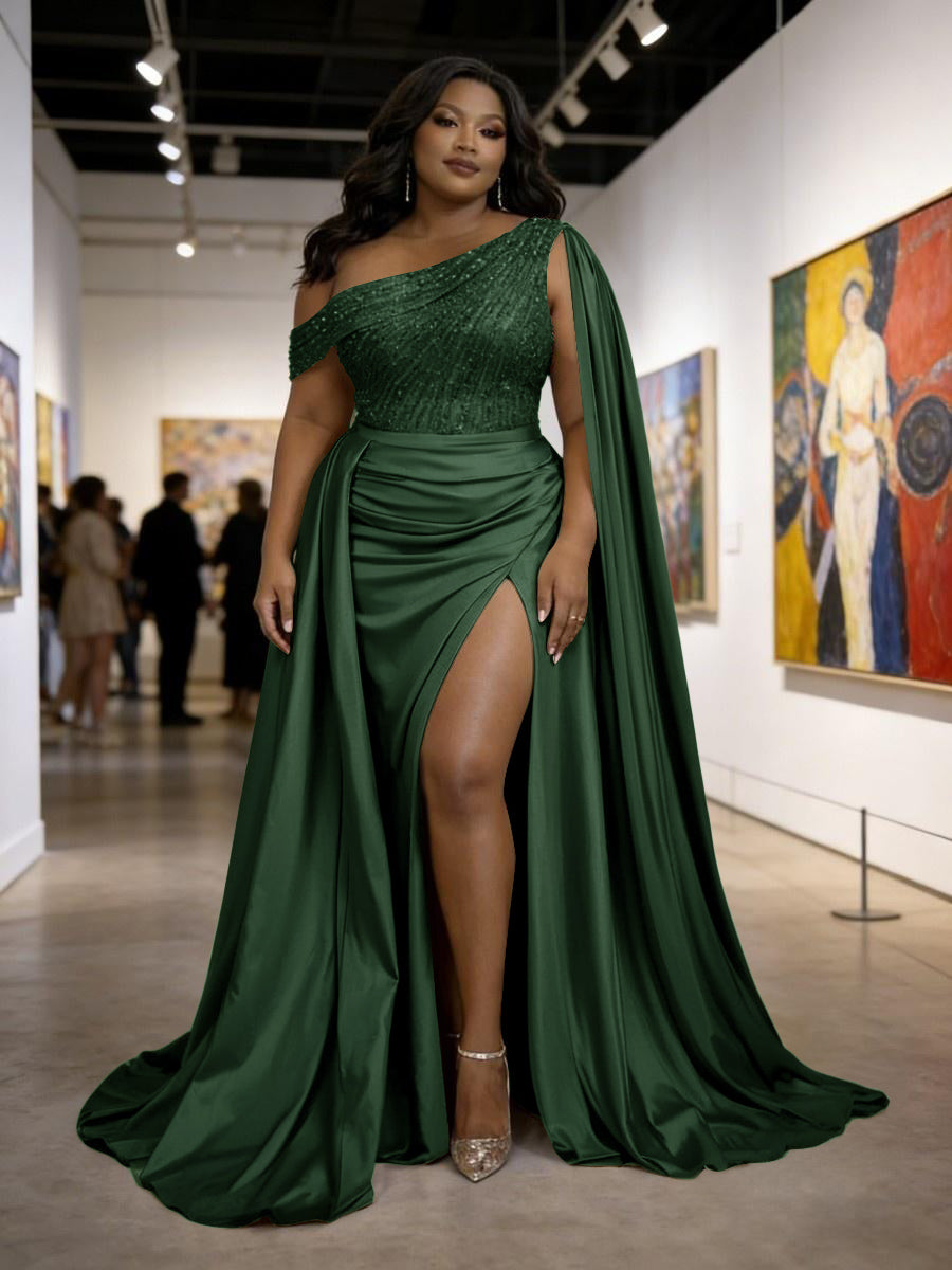 Satin Sheath Off-Shoulder Long Evening Dresses for Plus Size Women with Drape Ruched Prom Gown