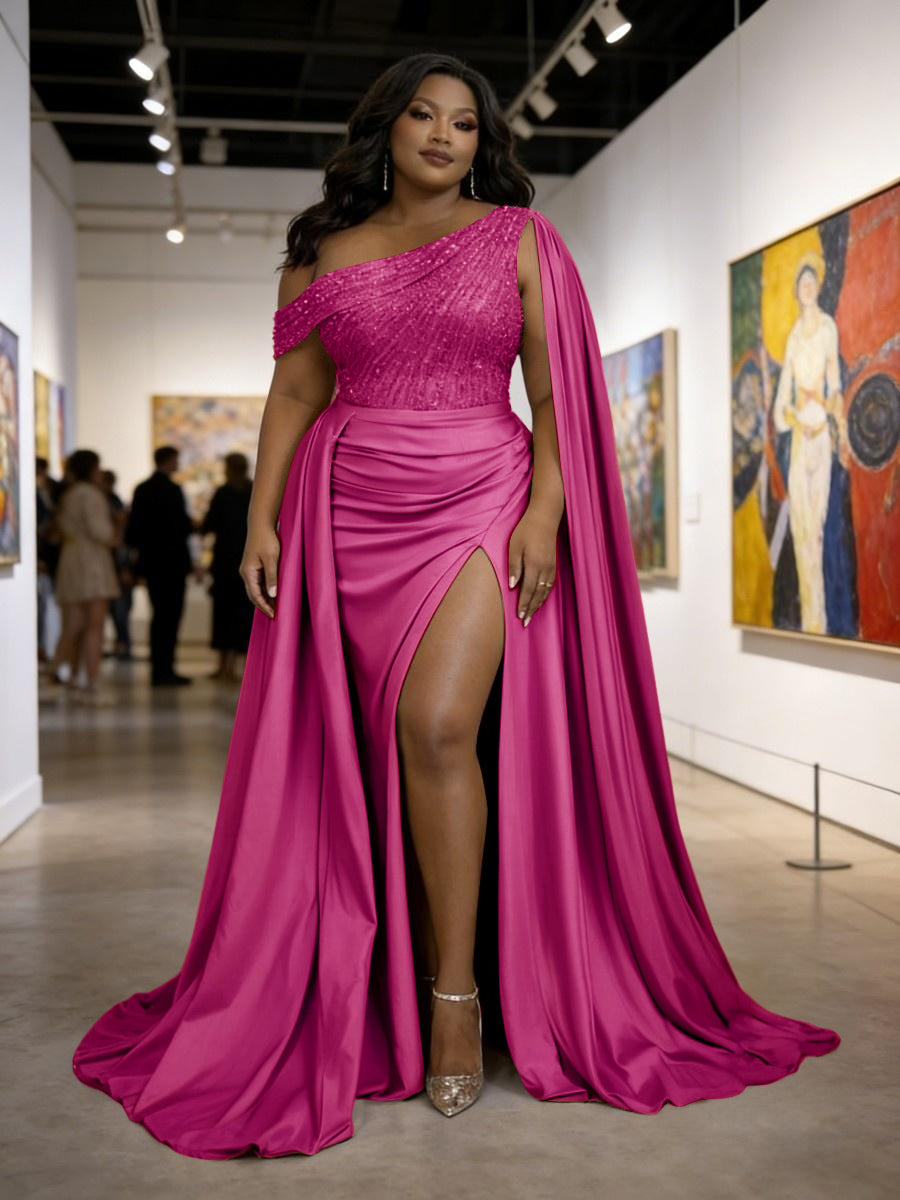 Satin Sheath Off-Shoulder Long Evening Dresses for Plus Size Women with Drape Ruched Prom Gown