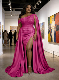 Satin Sheath Off-Shoulder Long Evening Dresses for Plus Size Women with Drape Ruched Prom Gown