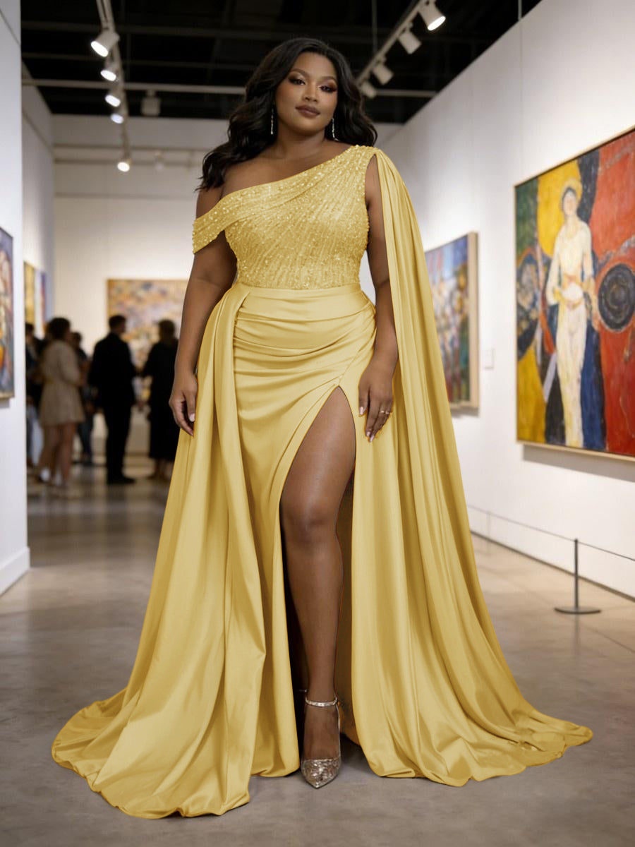Satin Sheath Off-Shoulder Long Evening Dresses for Plus Size Women with Drape Ruched Prom Gown