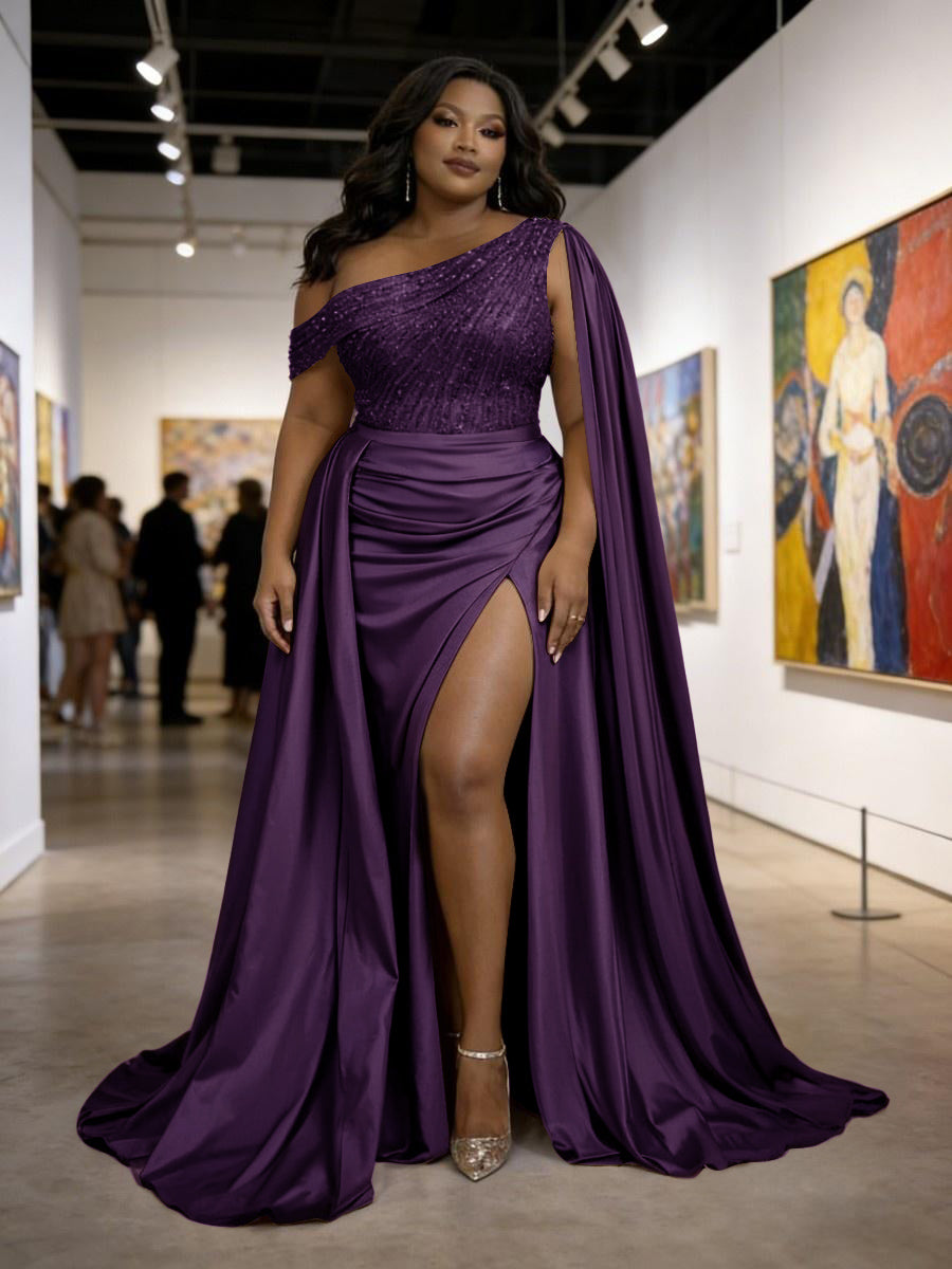 Satin Sheath Off-Shoulder Long Evening Dresses for Plus Size Women with Drape Ruched Prom Gown