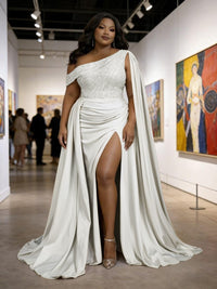 Satin Sheath Off-Shoulder Long Evening Dresses for Plus Size Women with Drape Ruched Prom Gown